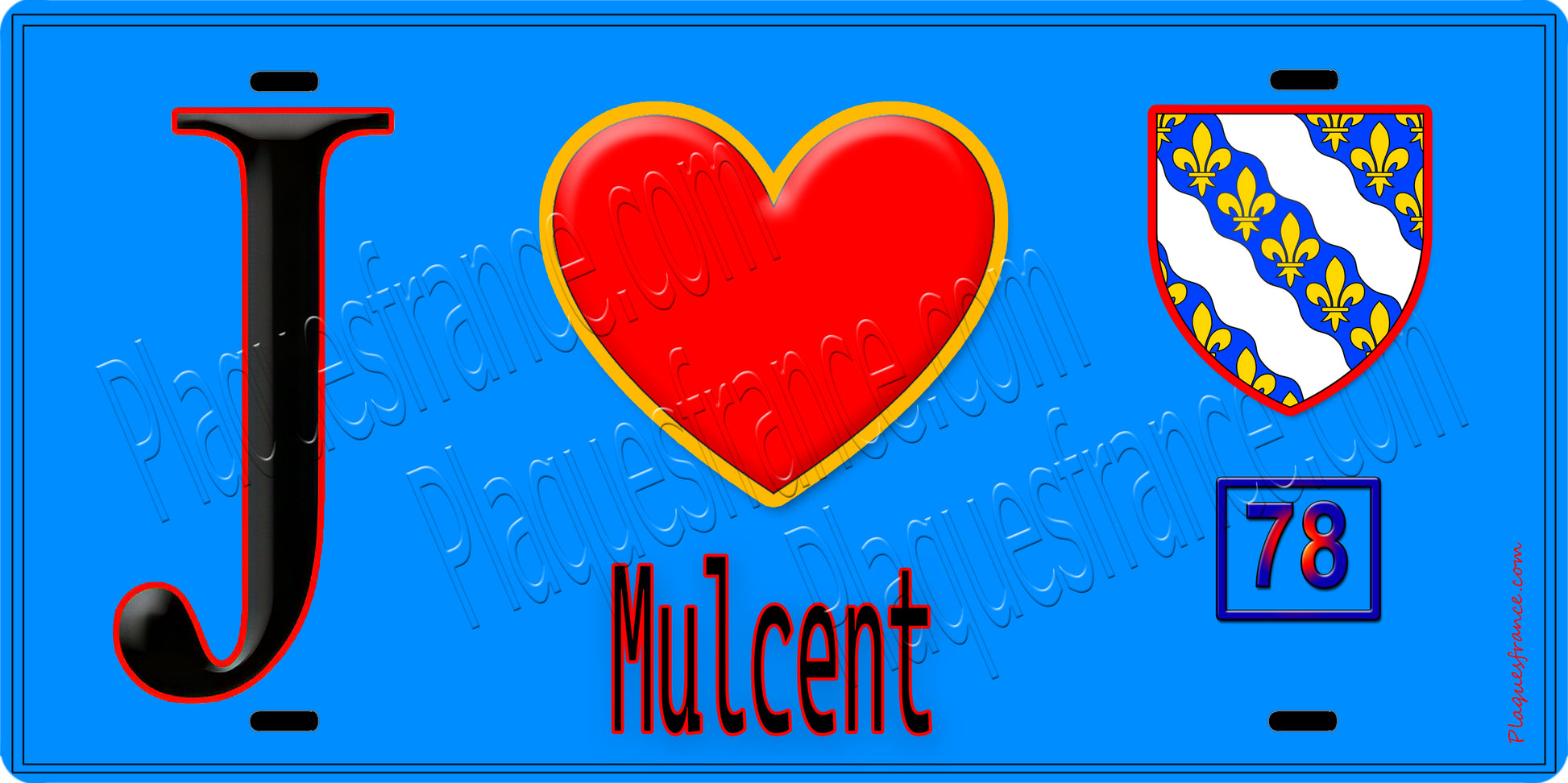 Plaque métal décorative  J' ❤️ Mulcent, Yvelines (78) fond bleu