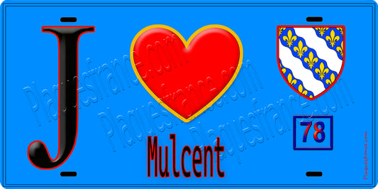 Plaque métal décorative  J' ❤️ Mulcent, Yvelines (78) fond bleu