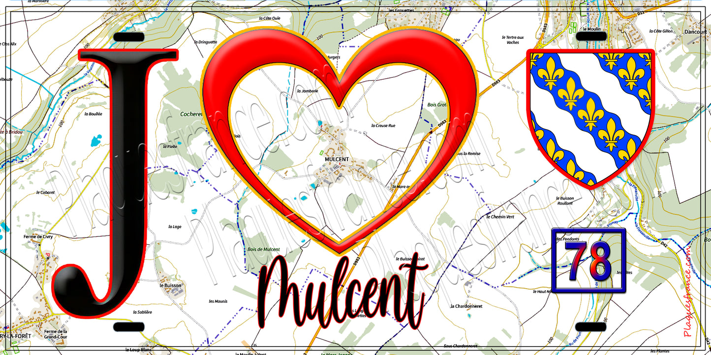 Plaque métal décorative  J' ❤️ Mulcent, Yvelines (78) fond carte