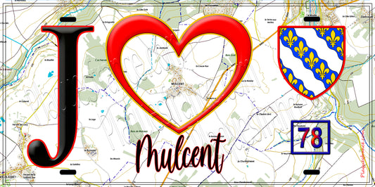 Plaque métal décorative  J' ❤️ Mulcent, Yvelines (78) fond carte