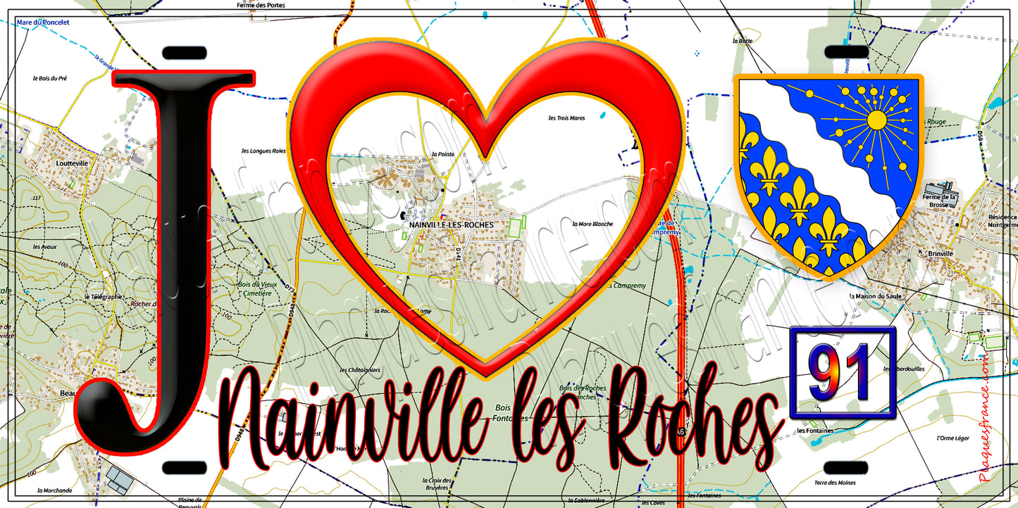 Plaque métal décorative  J' ❤️Nainville-les-Roches, Essonne (91) fond carte