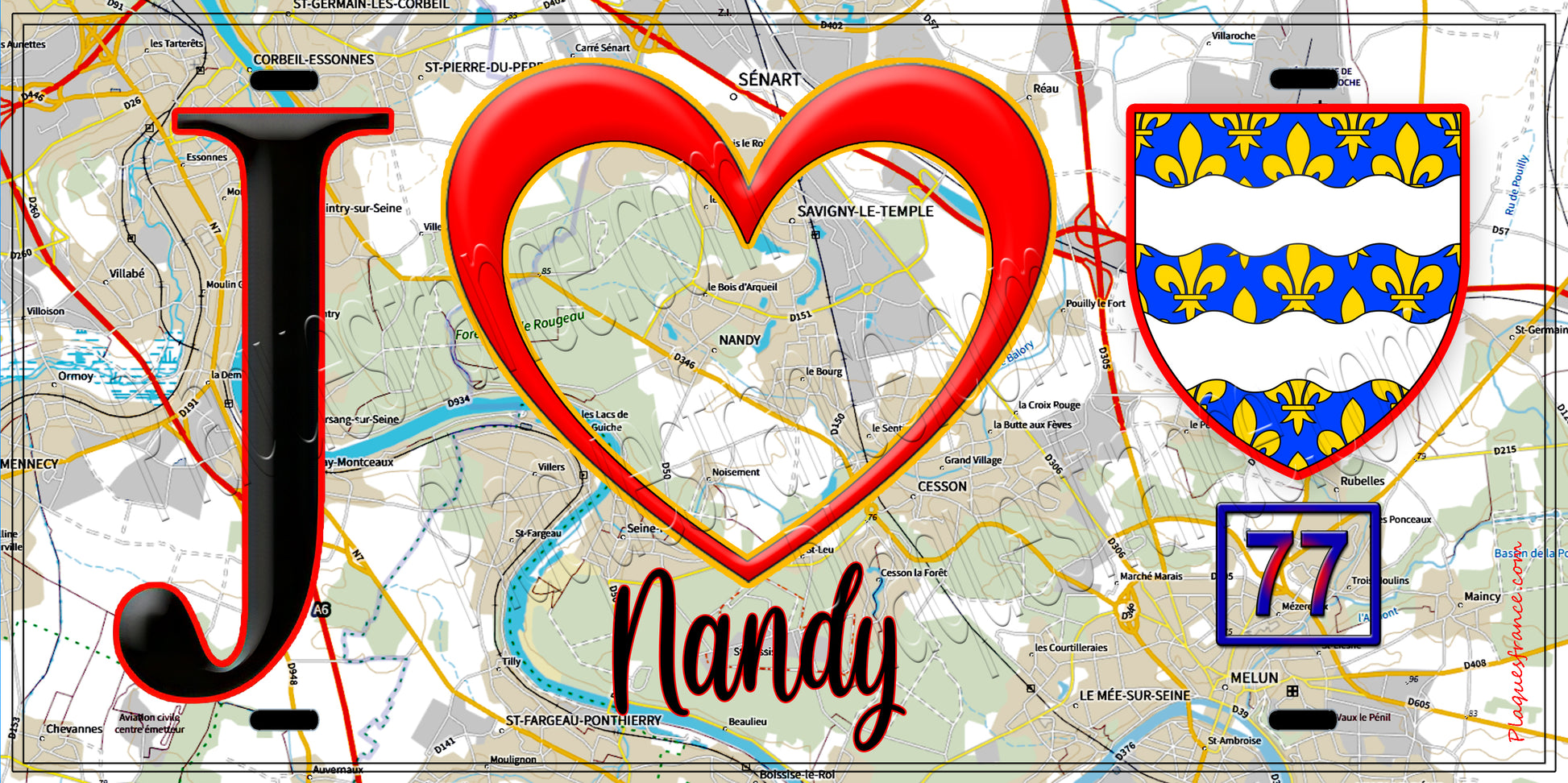 Plaque métal décorative  J' ❤️Nandy, Seine et Marne (77) fond carte
