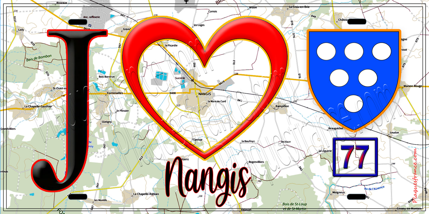 Plaque métal décorative  J' ❤️Nangis, Seine et Marne (77) fond carte
