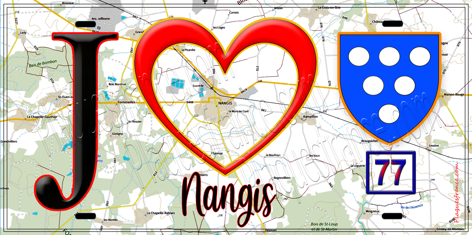 Plaque métal décorative  J' ❤️Nangis, Seine et Marne (77) fond carte