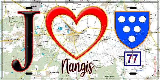 Plaque métal décorative  J' ❤️Nangis, Seine et Marne (77) fond carte