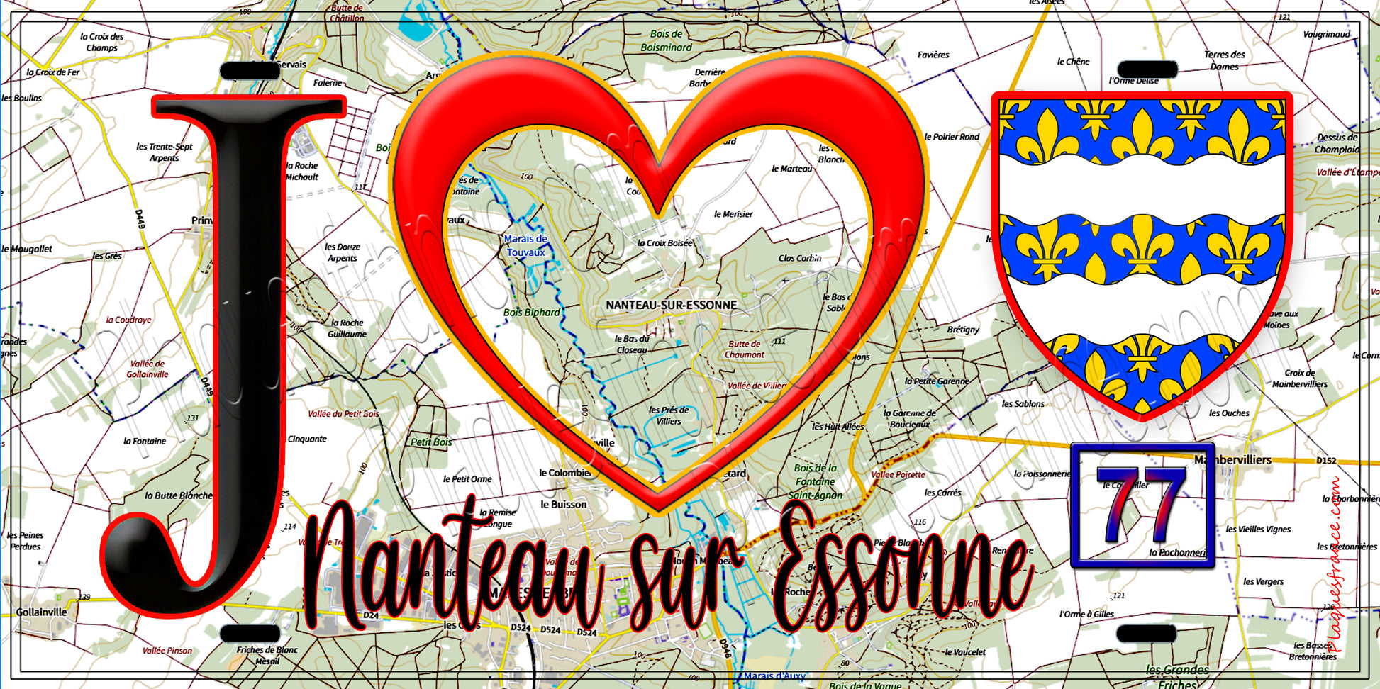 Plaque métal décorative  J' ❤️Nanteau-sur-Essonne, Seine et Marne (77) fond carte