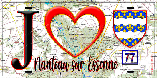 Plaque métal décorative  J' ❤️Nanteau-sur-Essonne, Seine et Marne (77) fond carte