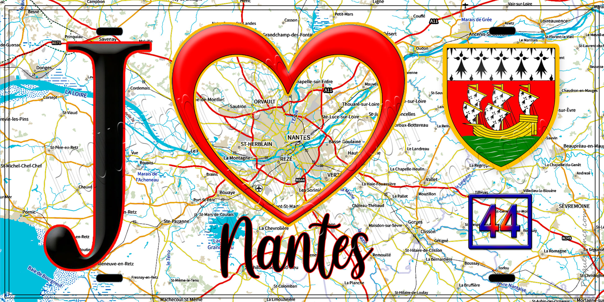 Plaque métal décorative, J' ❤️Nantes, Loire Atlantique (44) fond carte
