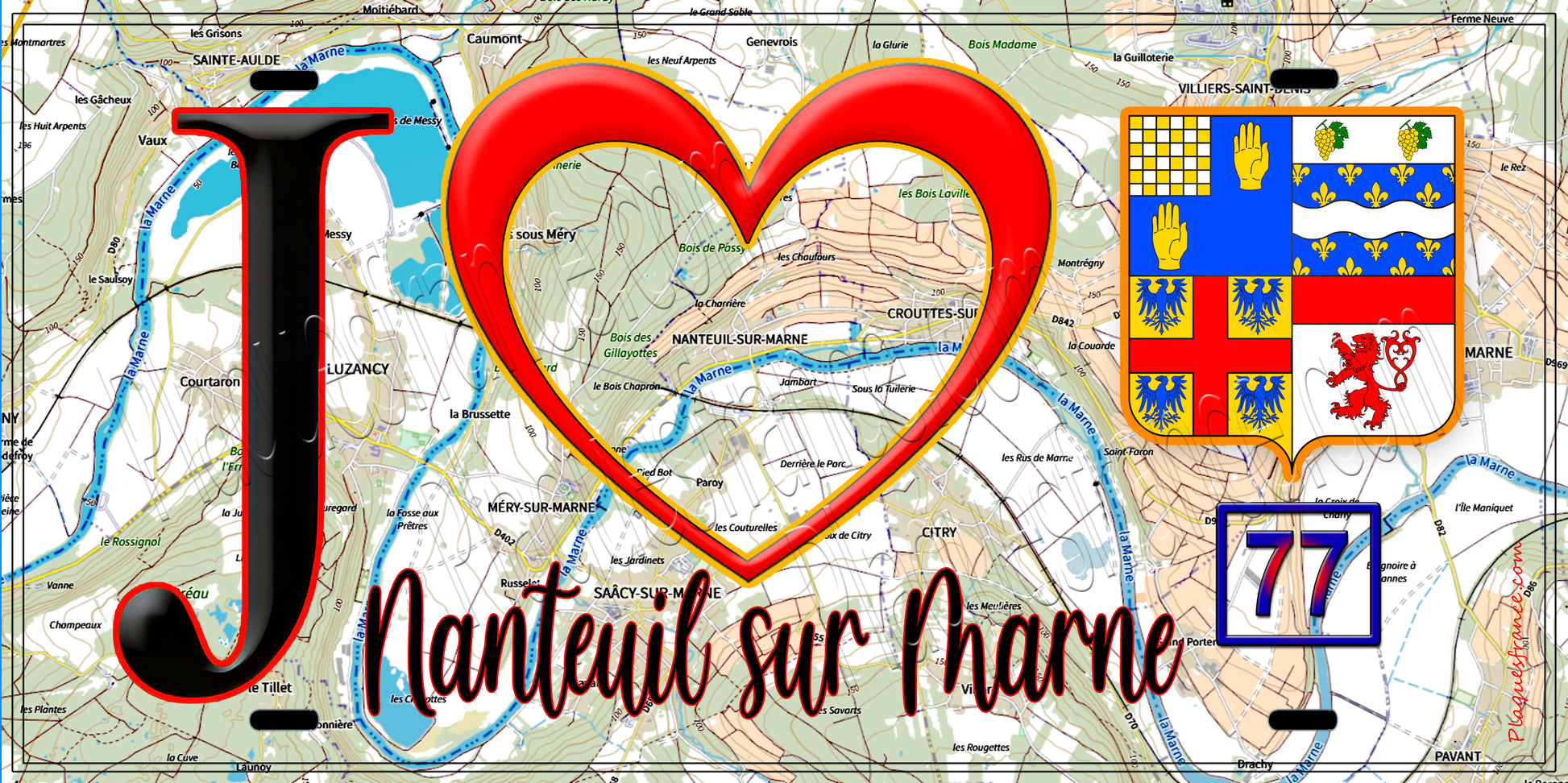 Plaque métal décorative  J' ❤️Nanteuil-sur-Marne, Seine et Marne (77) fond carte