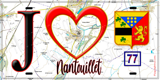Plaque métal décorative  J' ❤️Nantouillet, Seine et Marne (77) fond carte