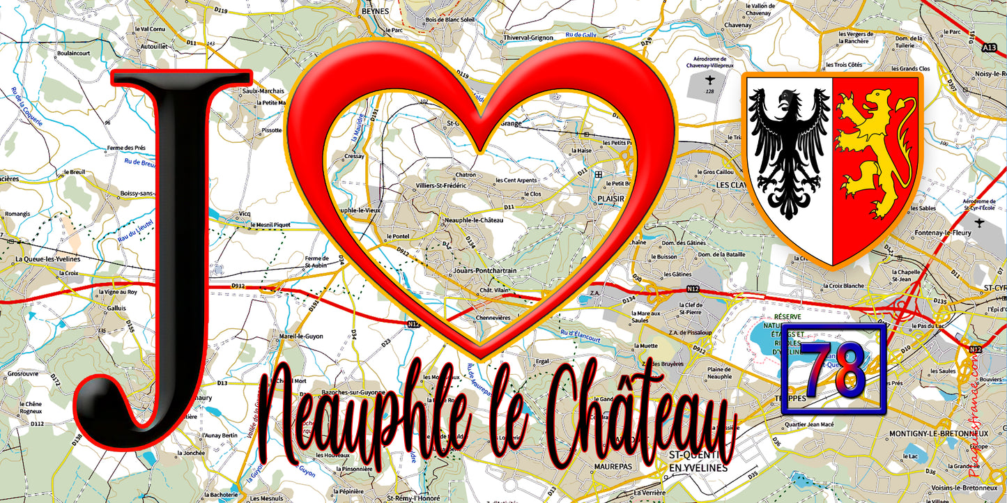 Plaque métal décorative  J' ❤️ Neauphle-le-Château, Yvelines (78) fond carte