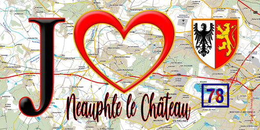 Plaque métal décorative  J' ❤️ Neauphle-le-Château, Yvelines (78) fond carte