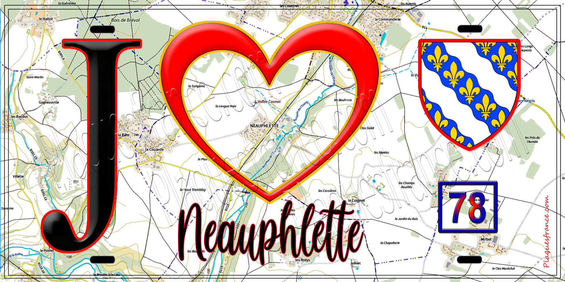 Plaque métal décorative  J' ❤️ Neauphlette, Yvelines (78)