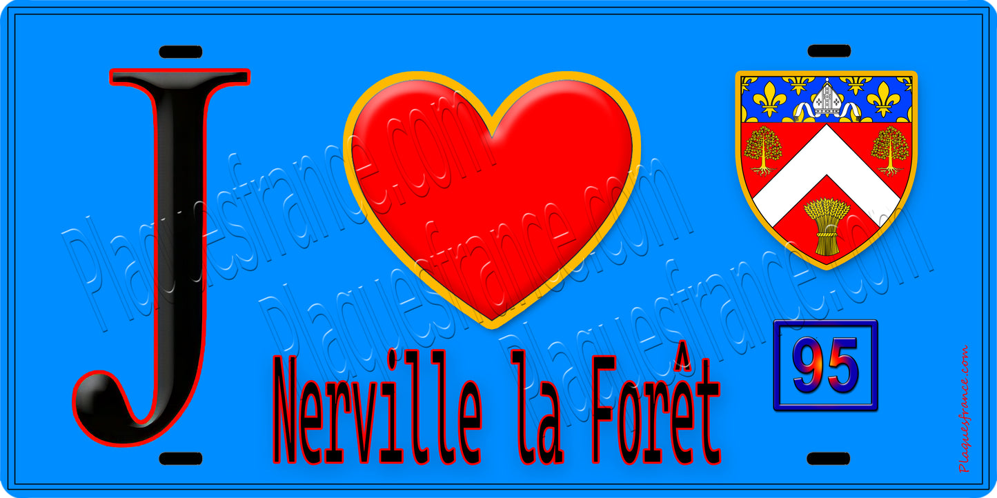 Plaque métal décorative  J' ❤️Nerville-la-Forêt, Val d'Oise (95) fond bleu