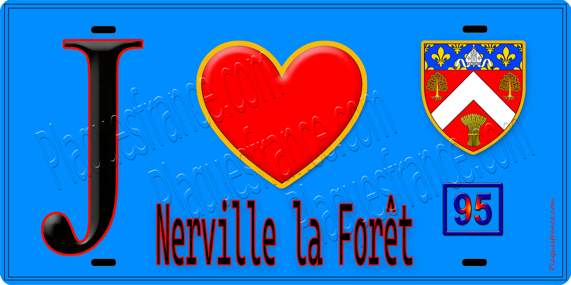 Plaque métal décorative  J' ❤️Nerville-la-Forêt, Val d'Oise (95) fond bleu