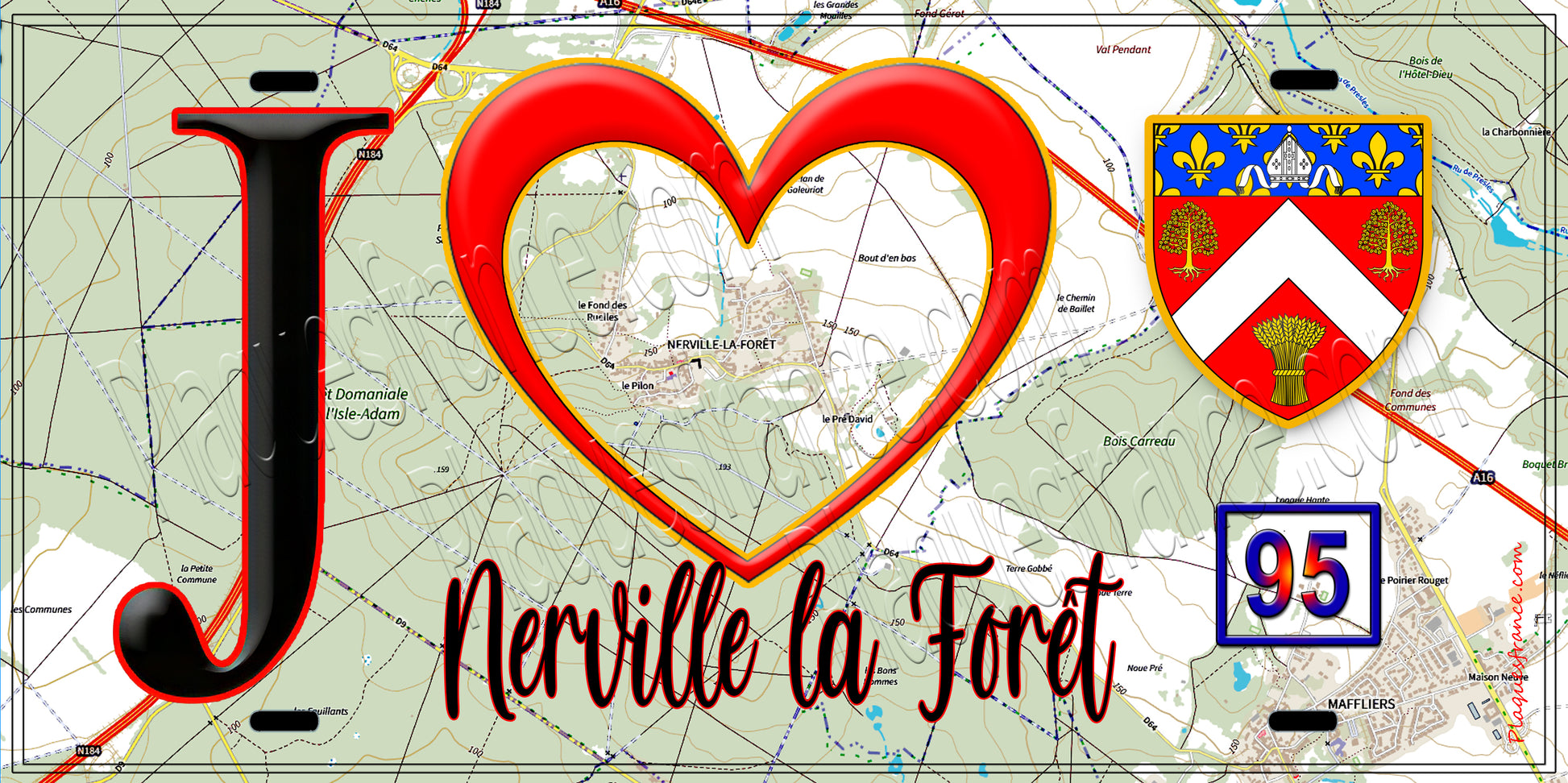 Plaque métal décorative  J' ❤️Nerville-la-Forêt, Val d'Oise (95) fond carte