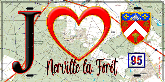 Plaque métal décorative  J' ❤️Nerville-la-Forêt, Val d'Oise (95) fond carte