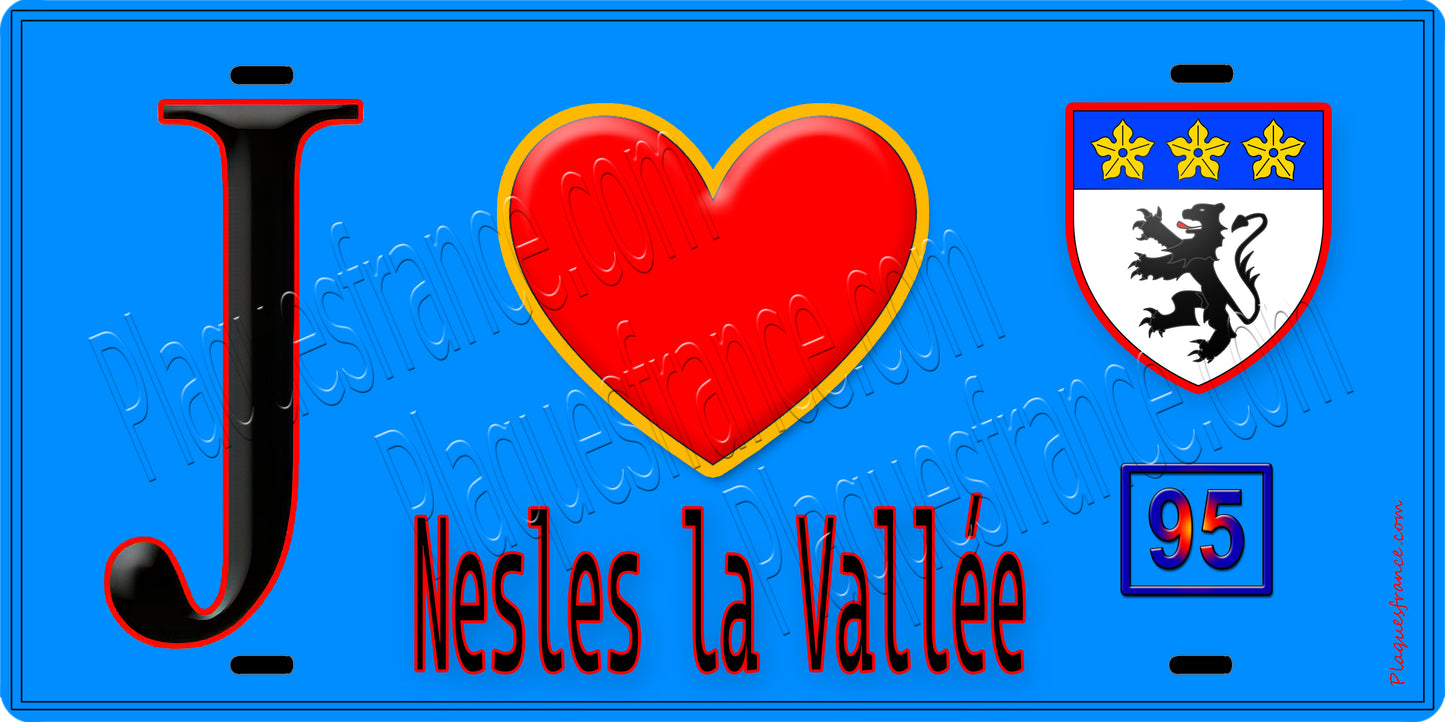 Plaque métal décorative  J' ❤️Nesles-la-Vallée, Val d'Oise (95) fond bleu