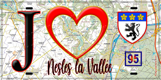 Plaque métal décorative  J' ❤️Nesles-la-Vallée, Val d'Oise (95) fond carte