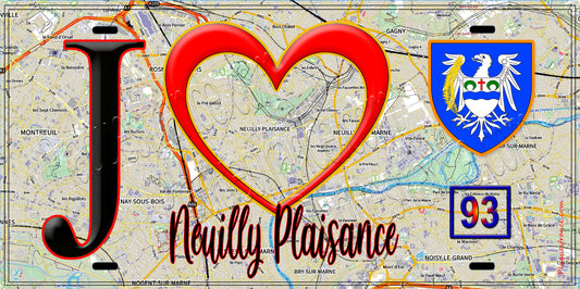 Plaque métal décorative  J' ❤️Neuilly-Plaisance, Seine Saint Denis (93) fond carte