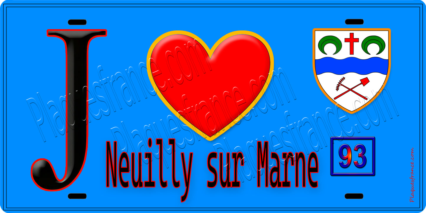 Plaque métal décorative  J' ❤️Neuilly-sur-Marne, Seine Saint Denis (93) fond bleu