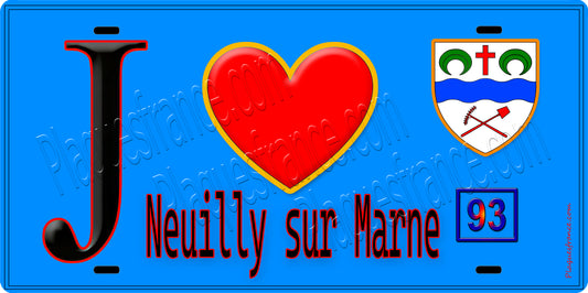 Plaque métal décorative  J' ❤️Neuilly-sur-Marne, Seine Saint Denis (93) fond bleu