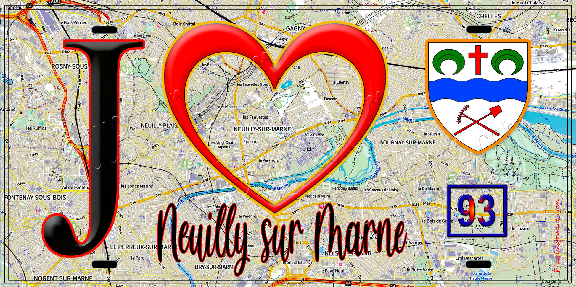 Plaque métal décorative  J' ❤️Neuilly-sur-Marne, Seine Saint Denis (93) fond carte