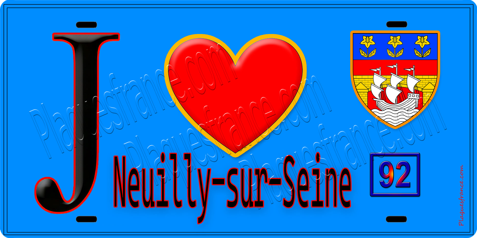 Plaque métal décorative  J' ❤️ Neuilly-sur-Seine, Hauts de Seine (92) fond bleu