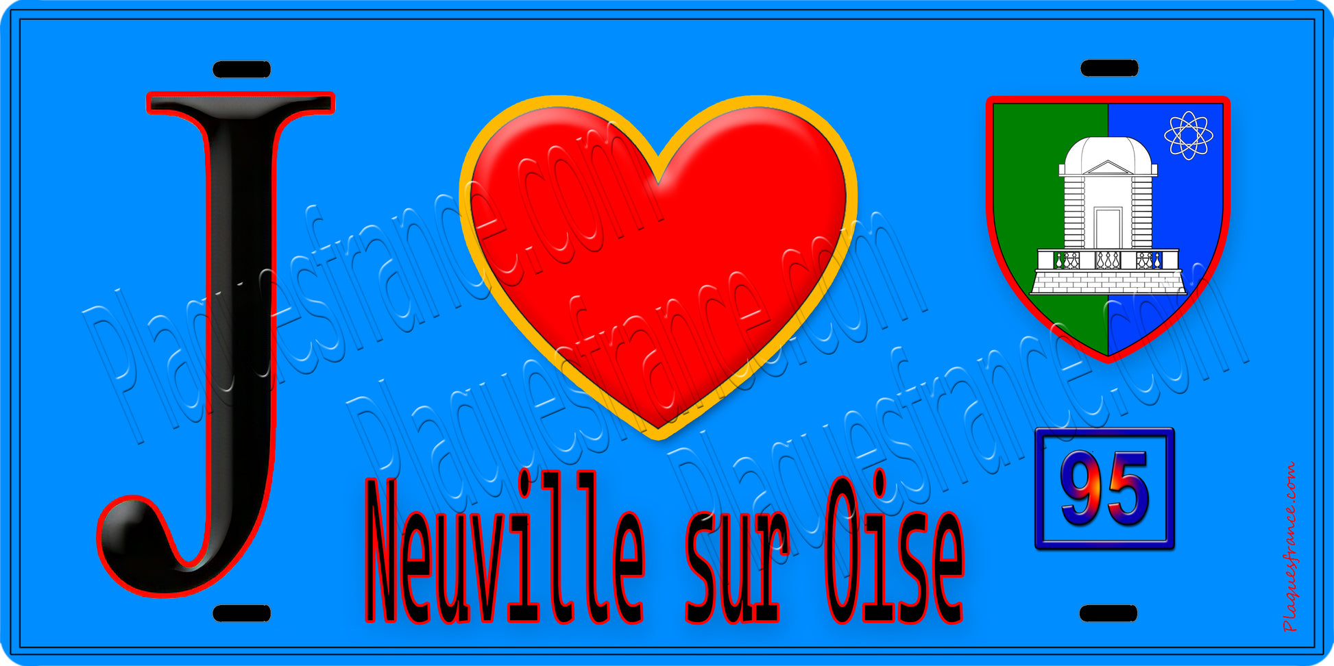 Plaque métal décorative  J' ❤️Neuville-sur-Oise, Val d'Oise (95) fond bleu