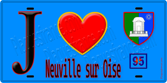 Plaque métal décorative  J' ❤️Neuville-sur-Oise, Val d'Oise (95) fond bleu