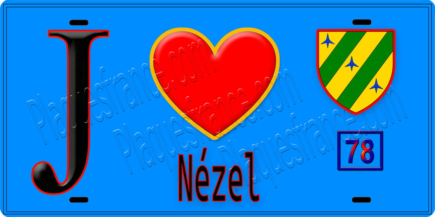 Plaque métal décorative  J' ❤️ Nézel, Yvelines (78) fond bleu