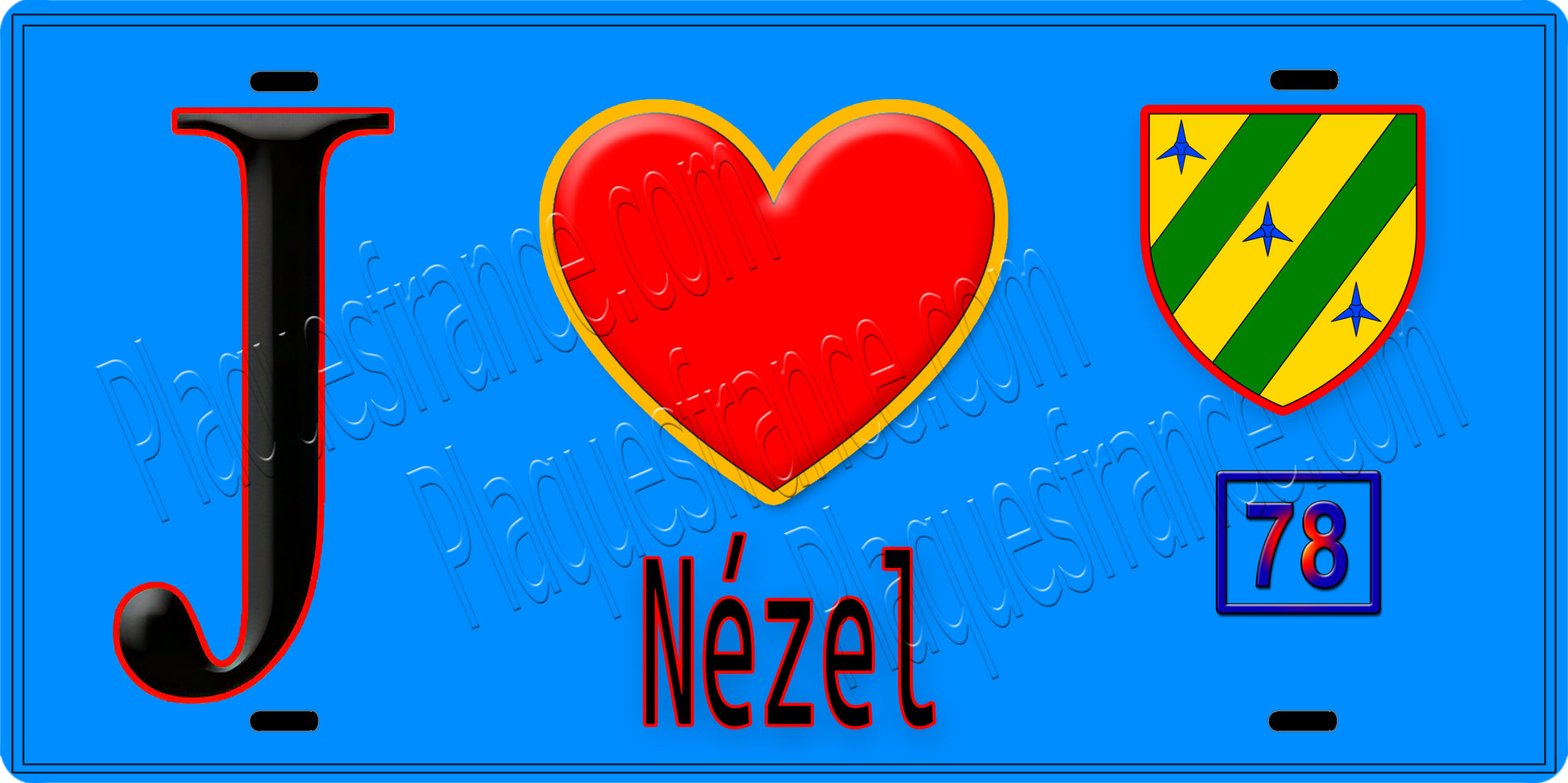 Plaque métal décorative  J' ❤️ Nézel, Yvelines (78) fond bleu