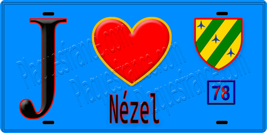 Plaque métal décorative  J' ❤️ Nézel, Yvelines (78) fond bleu