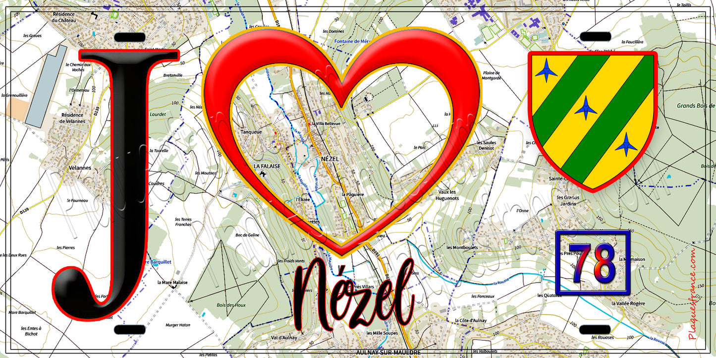 Plaque métal décorative  J' ❤️ Nézel, Yvelines (78) fond carte