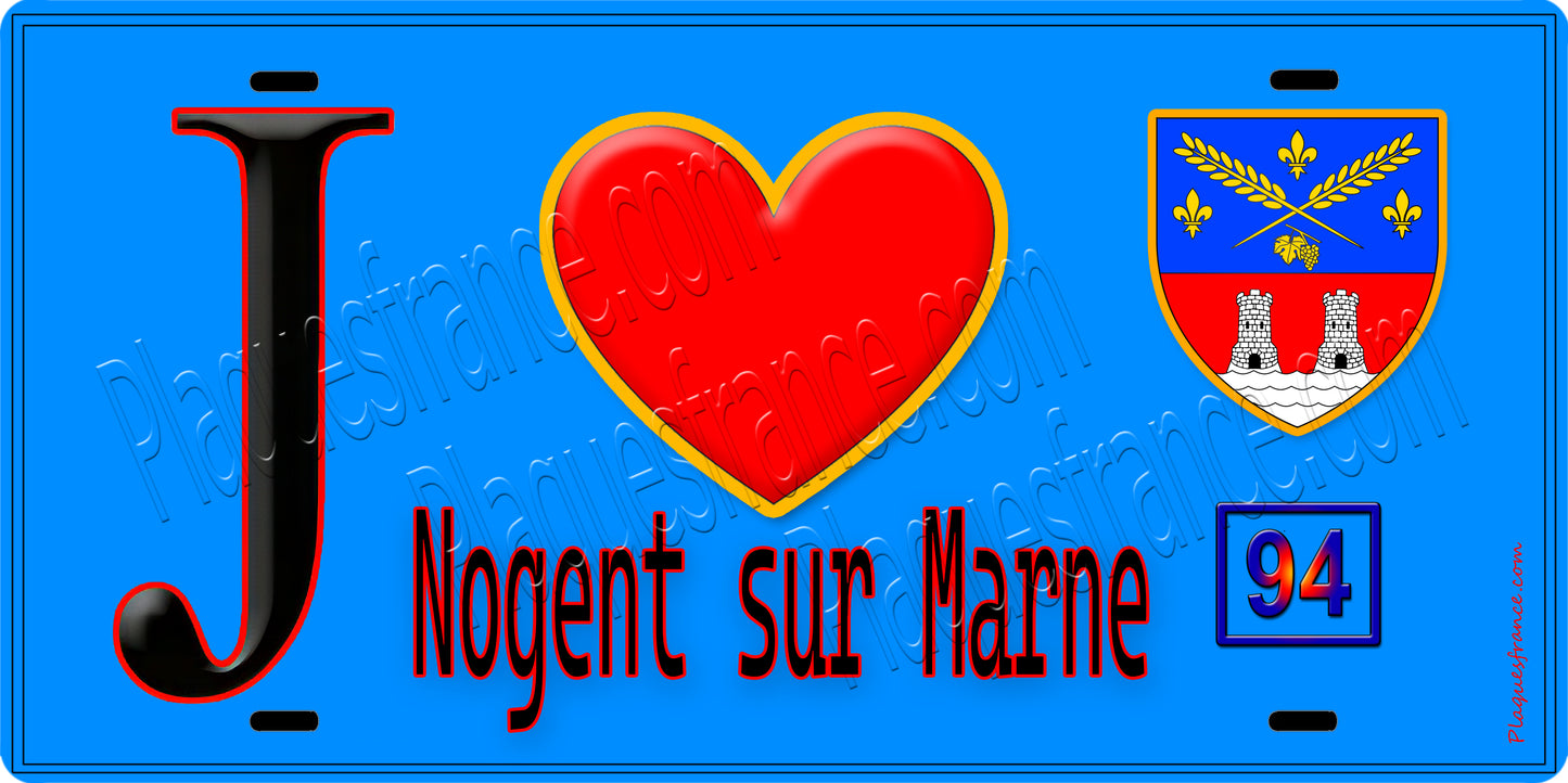 Plaque métal décorative  J' ❤️Nogent-sur-Marne, Val de Marne (94) fond bleu