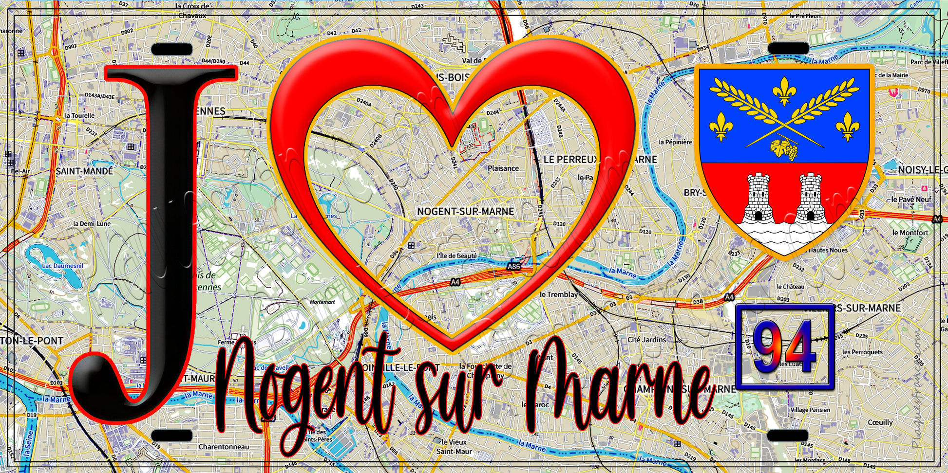 Plaque métal décorative  J' ❤️Nogent-sur-Marne, Val de Marne (94) fond carte
