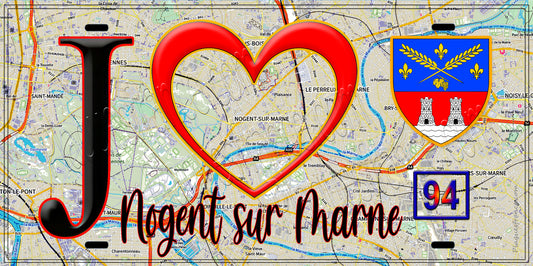 Plaque métal décorative  J' ❤️Nogent-sur-Marne, Val de Marne (94) fond carte