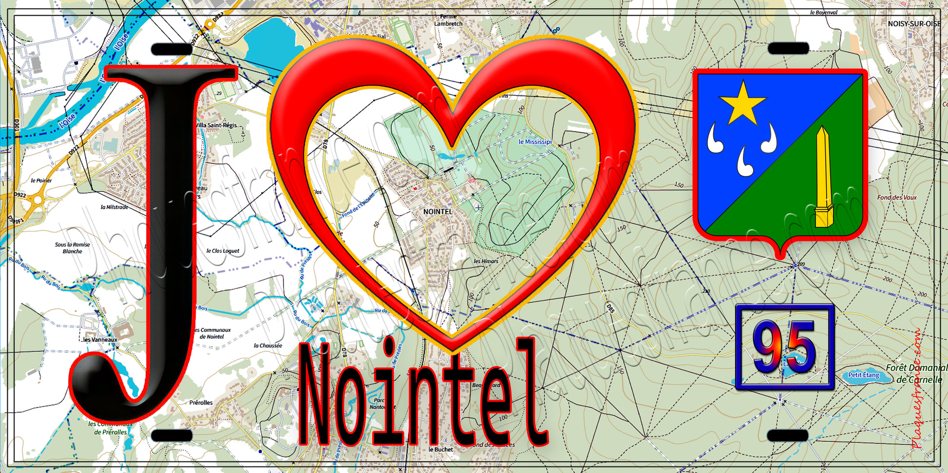 Plaque métal décorative  J' ❤️Nointel Val d'Oise (95) fond carte