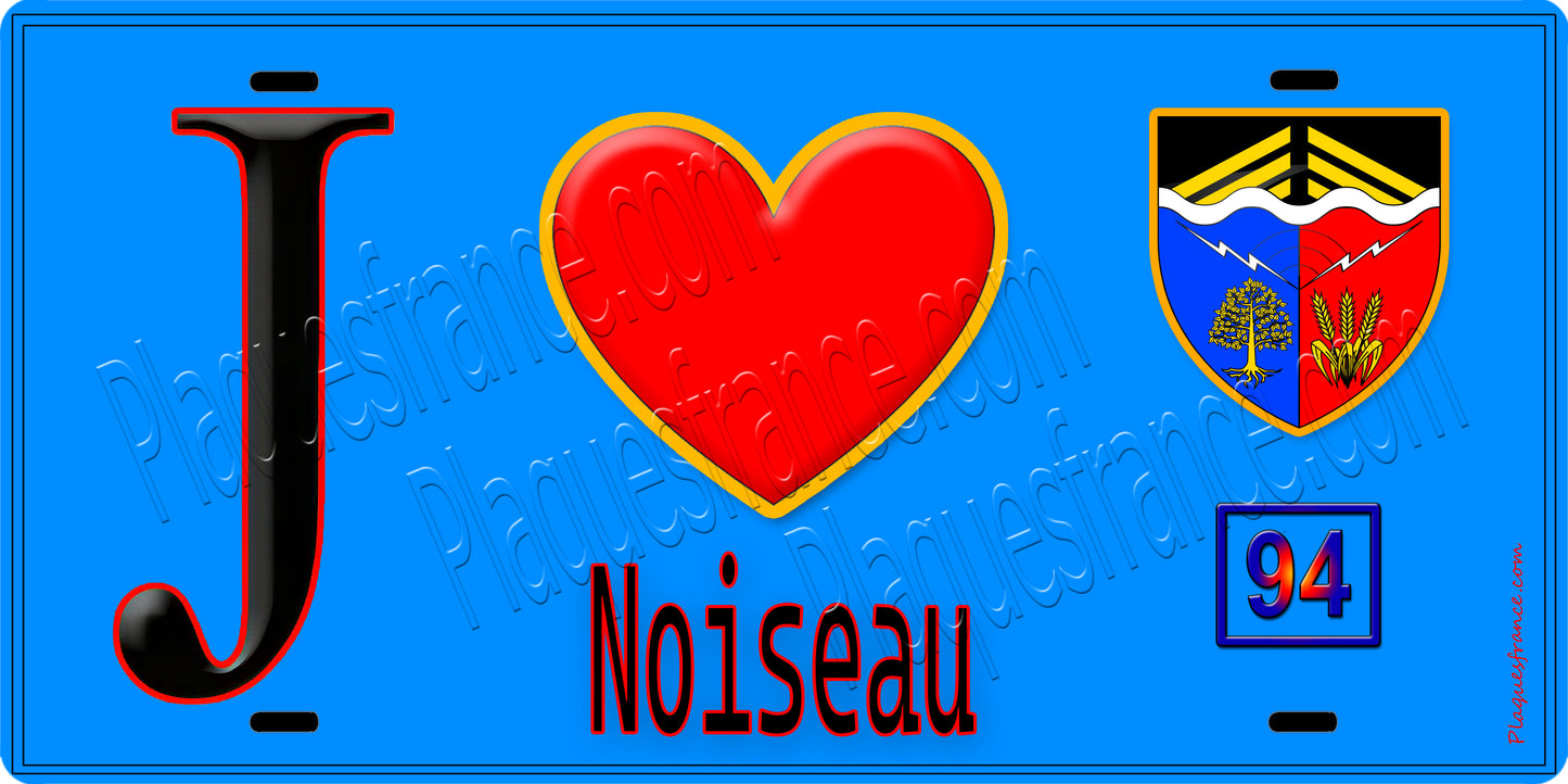 Plaque métal décorative  J' ❤️Noiseau, Val de Marne (94) fond bleu