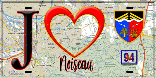 Plaque métal décorative  J' ❤️Noiseau, Val de Marne (94) fond carte