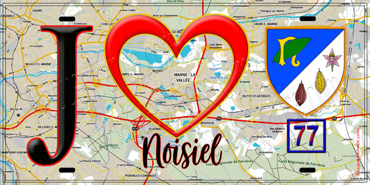 Plaque métal décorative  J' ❤️Noisiel, Seine et Marne (77) fond carte