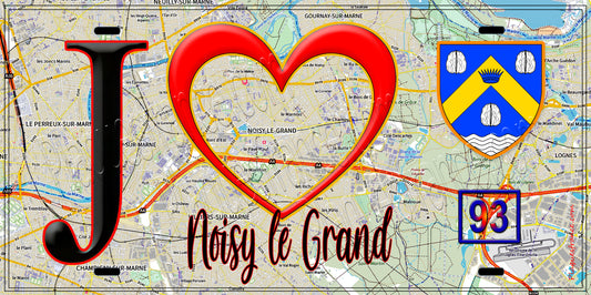 Plaque métal décorative  J' ❤️Noisy-le-Grand, Seine Saint Denis (93) fond carte