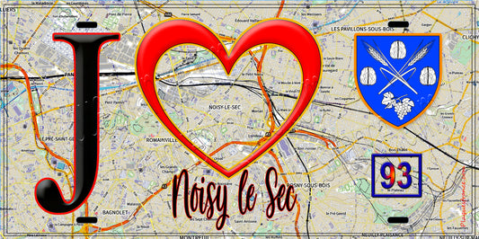 Plaque métal décorative  J' ❤️Noisy-le-Sec, Seine Saint Denis (93) fond carte