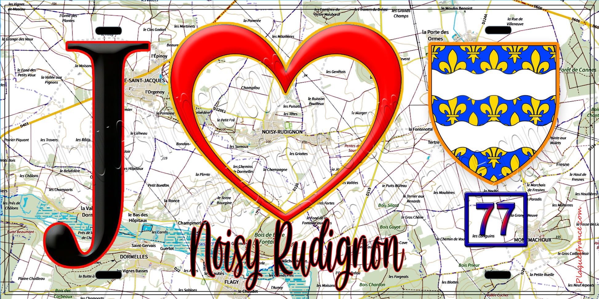 Plaque métal décorative  J' ❤️Noisy-Rudignon, Seine et Marne (77) fond carte