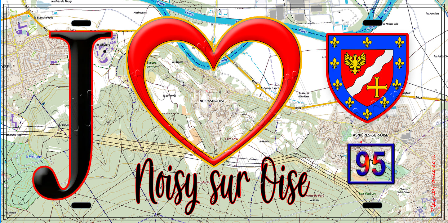 Plaque métal décorative  J' ❤️Noisy-sur-Oise, Val d'Oise (95) fond carte