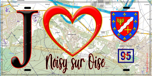 Plaque métal décorative  J' ❤️Noisy-sur-Oise, Val d'Oise (95) fond carte