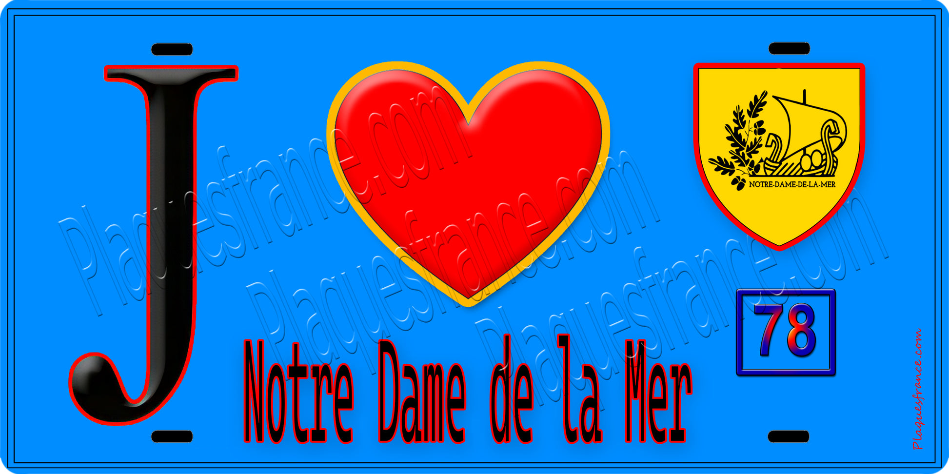 Plaque métal décorative  J' ❤️ Notre-Dame-de-la-Mer, Yvelines (78) fond bleu