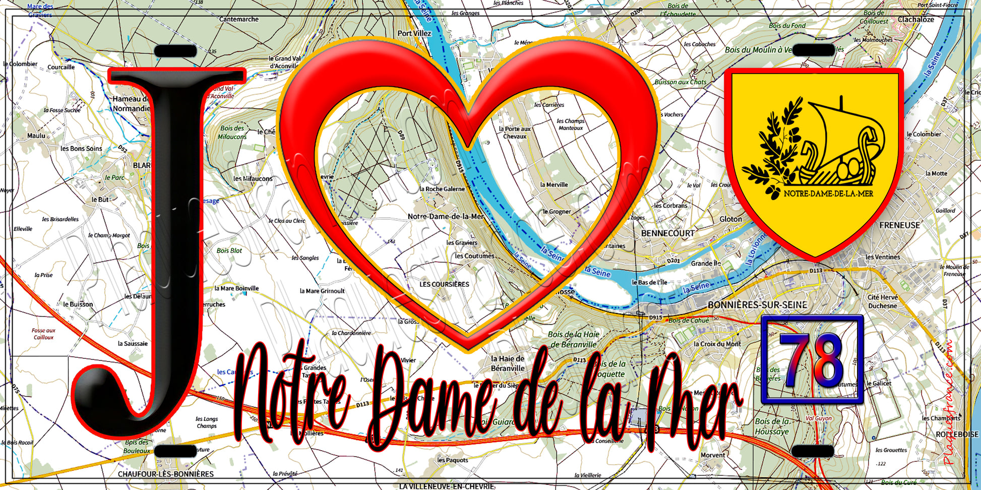 Plaque métal décorative  J' ❤️ Notre-Dame-de-la-Mer, Yvelines (78) fond carte