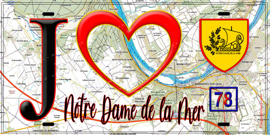 Plaque métal décorative  J' ❤️ Notre-Dame-de-la-Mer, Yvelines (78) fond carte