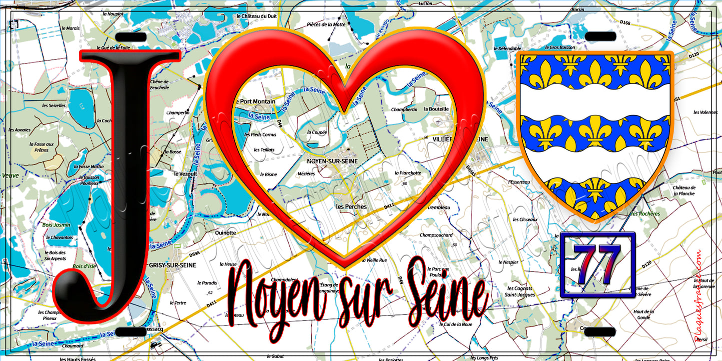 Plaque métal décorative  J' ❤️Noyen-sur-Seine, Seine et Marne (77) fond carte